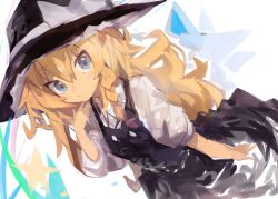 Rule 34 | 1girl, absurdres, black dress, black hat, blonde hair, blue eyes, bow, braid, closed mouth, commentary, dress, dutch angle, frilled hat, frills, hand up, hat, hat bow, highres, kaamin (mariarose753), kirisame marisa, long hair, looking at viewer, puffy short sleeves, puffy sleeves, shirt, short sleeves, single braid, sketch, solo, star (symbol), touhou, white bow, white shirt, witch hat