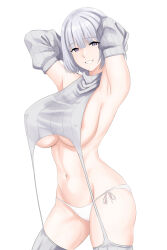 Rule 34 | 1girl, armpits, arms behind head, arms up, breasts, covered erect nipples, cowboy shot, cyka, detached sleeves, girls&#039; frontline, grey hair, highres, large breasts, looking at viewer, meme attire, navel, panties, purple eyes, ribbed legwear, ribbed sleeves, ribbed thighhighs, rpk-16 (girls&#039; frontline), side-tie panties, sideboob, sleeveless, sleeveless sweater, sleeveless turtleneck, smile, solo, sweater, turtleneck, turtleneck sweater, underwear, virgin destroyer sweater, white background, white panties