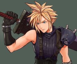 Rule 34 | 1boy, armor, bandaged arm, bandages, belt, black gloves, blonde hair, blue eyes, blue shirt, buster sword, cloud strife, drawing sword, earrings, final fantasy, final fantasy vii, final fantasy vii remake, gloves, grey background, hair between eyes, holding, holding sword, holding weapon, jewelry, looking to the side, male focus, over shoulder, shirt, short hair, shoulder armor, single earring, sleeveless, sleeveless turtleneck, solo, spiked hair, suspenders, sword, turtleneck, upper body, uxspwt1u79uz1gu, weapon, weapon over shoulder
