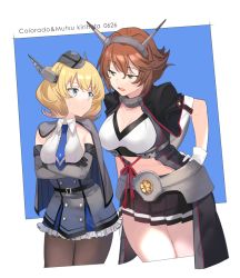 Rule 34 | 2girls, arms under breasts, artist name, black jacket, black skirt, blonde hair, blue eyes, blue neckwear, blue skirt, braid, breasts, brown hair, capelet, character name, cleavage, collar, collarbone, colorado (kancolle), crossed arms, dress, elbow gloves, flipped hair, french braid, frilled skirt, frills, garrison cap, gloves, green eyes, grey capelet, grey dress, grey gloves, hand on own hip, hat, headgear, height conscious, height difference, jacket, kantai collection, kirihota, large breasts, looking at another, looking down, looking up, medium breasts, metal collar, midriff, multiple girls, mutsu (kancolle), necktie, open mouth, outside border, pantyhose, pleated skirt, short hair, shrug (clothing), skirt, standing, striped clothes, striped skirt, sweatdrop, tall, trait connection, white gloves