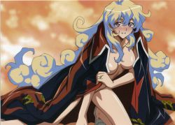 Rule 34 | 00s, 1girl, blue hair, blush, borrowed clothes, breasts, coat, highres, hirata katsuzou, jacket, jacket on shoulders, large breasts, long hair, naked coat, nia teppelin, nude, official art, scan, solo, tengen toppa gurren lagann