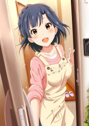 Rule 34 | 1girl, :d, absurdres, apron, bad id, bad pixiv id, bag, blue hair, blush, braid, breasts, commentary request, doorway, highres, idolmaster, idolmaster million live!, indoors, intercom, looking at viewer, md5 mismatch, medium breasts, nanao yuriko, open door, open mouth, pov doorway, resolution mismatch, short hair, siokazunoko, slippers, unworn slippers, smile, solo, standing, yellow eyes