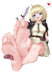 Rule 34 | 1girl, absurdres, ahoge, american flag, american flag print, barefoot, belt, black jacket, blonde hair, blue eyes, blush, breasts, chashuwu, collared shirt, commentary, disembodied tongue, feet, flag print, foot focus, full body, girls&#039; frontline, gloves, heart, highres, holster, jacket, large breasts, legs, licking, licking foot, looking at viewer, m1911 (girls&#039; frontline), necktie, open mouth, pleated skirt, print necktie, salute, shirt, short hair, short sleeves, simple background, sitting, skirt, smell, smile, soles, solo focus, spoken heart, steaming body, sweat, toenails, toes, variant set, white background, white gloves, white shirt, white skirt