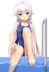 Rule 34 | 1girl, altina orion, barefoot, black ribbon, chestnut mouth, competition swimsuit, eiyuu densetsu, eto, falcom, feet, flat chest, green eyes, hair flaps, hair ribbon, highres, long hair, looking at viewer, one-piece swimsuit, partially underwater shot, pool ladder, poolside, ribbon, sen no kiseki, sen no kiseki ii, silver hair, simple background, solo, swimsuit, toes, underwater, very long hair, water, white background