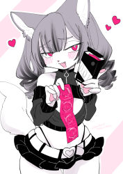 Rule 34 | 1girl, :d, animal ears, belt, black hair, black skirt, body fur, bow, breasts, bright pupils, cleavage cutout, clothing cutout, condom, condom packet strip, condom wrapper, detached sleeves, fang, furry, furry female, gift, grey hair, halter shirt, halterneck, head tilt, holding, holding condom, holding gift, looking at viewer, medium breasts, miniskirt, multicolored hair, navel, open mouth, original, pawpads, pink eyes, skin fang, skirt, smile, solo, streaked hair, tail, tanutan (fur-ecoro3), twintails, white belt, white bow, white fur, white pupils, wolf ears, wolf girl, wolf tail