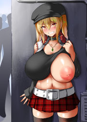Rule 34 | 1girl, belt, black thighhighs, blonde hair, blush, breasts, breasts out, brown eyes, cabbie hat, choker, collarbone, day, exhibitionism, grin, hair between eyes, hat, headphones, headphones around neck, highres, huge breasts, inverted nipples, jewelry, kirome (kamipaper), large areolae, long hair, looking at viewer, miniskirt, navel, necklace, nipples, one breast out, original, outdoors, plaid, plaid skirt, public indecency, puffy nipples, red skirt, saaya (kirome), skirt, sleeves past wrists, smile, solo focus, standing, tank top, teeth, thighhighs, tsurime, twintails, virtual youtuber