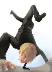 Rule 34 | 1boy, blonde hair, blue shirt, cigarette, fighting stance, formal, full body, hair over one eye, handstand, kicking, male focus, necktie, one piece, sanji (one piece), shirt, simple background, smoking, solo, suit