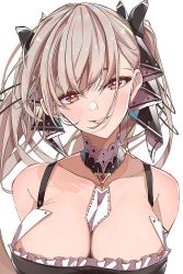 Rule 34 | 1girl, arms behind back, azur lane, bare shoulders, between breasts, black ribbon, blush, breasts, cleavage, collarbone, dress, e sky rugo, formidable (azur lane), frilled dress, frills, hair between eyes, hair ribbon, highres, large breasts, long hair, looking at viewer, open mouth, platinum blonde hair, red eyes, revision, ribbon, smile, solo, twintails, two-tone ribbon, upper body, white background