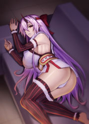 Rule 34 | 1girl, ass, breasts, couch, detached sleeves, fate/grand order, fate (series), headband, horns, jonylaser, long hair, lying, on side, purple hair, red eyes, sideboob, solo, thighhighs, tomoe gozen (fate)