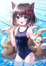 Rule 34 | 1girl, animal ears, blue eyes, bow, breasts, brown hair, commission, unworn eyewear, fox tail, hair bow, highres, holding, holding removed eyewear, looking at viewer, multiple tails, one-piece swimsuit, open mouth, original, partially submerged, pool, red bow, round eyewear, short hair, skeb commission, small breasts, solo, suzuno naru, swimsuit, tail, wet
