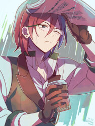 Rule 34 | 1boy, 2023, blue eyes, brown gloves, brown vest, closed mouth, commentary request, cup, dated, einenno imouto, ensemble stars!, glasses, gloves, green-framed eyewear, highres, holding, holding cup, hot chocolate, looking to the side, male focus, one eye closed, red hair, saegusa ibara, shirt, solo, twitter username, unhappy, vest, white background, white shirt