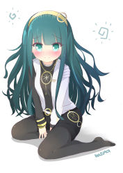 Rule 34 | 1girl, alternate costume, between legs, black pantyhose, black shirt, black shorts, blush, cleopatra (fate), closed mouth, fate/grand order, fate (series), full body, green eyes, green hair, hairband, hand between legs, ikazu401, jacket, long hair, long sleeves, looking at viewer, no shoes, nose blush, pantyhose, shirt, short shorts, shorts, single sleeve, solo, very long hair, white background, white jacket