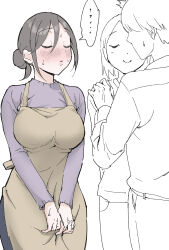 Rule 34 | ..., 1boy, 2girls, ^^^, absurdres, apron, apron grab, black hair, blush, breasts, closed eyes, commentary request, faceless, faceless male, facing another, ftktan, hand on another&#039;s shoulder, highres, husband and wife, large breasts, mature female, mother-in-law, multiple girls, nose blush, original, partial commentary, partially colored, purple shirt, shirt, simple background, spoken ellipsis, sweatdrop, waiting for kiss, white background, yellow apron