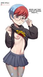 Rule 34 | 1girl, adjusting eyewear, blue hair, blush, breasts, closed mouth, clothes lift, commentary, cowboy shot, creatures (company), english text, game freak, glasses, grey eyes, grey skirt, hands up, hood, hoodie, hoodie lift, lifting own clothes, long sleeves, looking at viewer, navel, nintendo, nipples, no bra, one breast out, pantyhose, penny (pokemon), pleated skirt, pokemon, pokemon sv, raised eyebrows, red hair, reviruu, round eyewear, short hair, skirt, solo, sweat, white background
