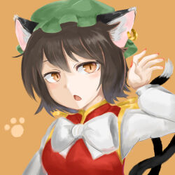Rule 34 | 114514z, 1girl, animal ear fluff, animal ear piercing, animal ears, bow, bowtie, breasts, brown background, brown eyes, brown hair, cat ears, cat tail, chen, commentary request, earrings, eyebrows hidden by hair, gold trim, green hat, hand up, hat, highres, jewelry, light blush, long sleeves, looking at viewer, mob cap, multiple tails, nail polish, nekomata, no lineart, open mouth, painterly, paw print, paw print background, red nails, red vest, short hair, simple background, single earring, small breasts, solo, tail, touhou, two tails, upper body, vest, white bow, white bowtie
