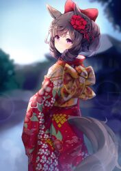 Rule 34 | 1girl, absurdres, animal ears, blurry, blurry background, blush, bow, braid, brown hair, closed mouth, clothing cutout, daiichi ruby (umamusume), drill hair, feet out of frame, floral print, flower, hair bow, hair flower, hair ornament, highres, horse ears, horse girl, horse tail, japanese clothes, kimono, lens flare, long sleeves, looking at viewer, looking back, medium hair, obi, outdoors, purple eyes, red kimono, sash, smile, solo, standing, tail, tail through clothes, umamusume, yamada auto