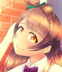 Rule 34 | 1girl, adjusting hair, artist name, artist request, blush, bow, bowtie, breasts, brick wall, brown eyes, brown hair, close-up, collared shirt, female focus, floating hair, green bow, grey hair, hair bow, hair over shoulder, hair rings, light brown hair, long hair, long sleeves, looking at viewer, love live!, love live! school idol project, masa sevenred, masakazu yamato, masakazu yamato (masa sevenred), minami kotori, otonokizaka school uniform, outdoors, parted lips, ponytail, red bow, school uniform, shirt, short sleeves, side ponytail, smile, solo, sparkle, striped, striped bow, sweater vest, upper body, vest, white shirt, yamato masakazu, yellow eyes, yellow vest