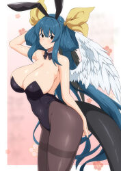 Rule 34 | 1girl, angel wings, animal ears, arm above head, arm up, asymmetrical wings, bare shoulders, black bow, black bowtie, black leotard, blue hair, blush, border, bow, bowtie, breasts, chinese zodiac, cleavage, collar, collarbone, covered navel, detached collar, dizzy (guilty gear), fake animal ears, fuuma (bangolga1), guilty gear, hair between eyes, hair ribbon, hair rings, happy new year, highres, huge breasts, large breasts, leotard, long hair, looking at viewer, mature female, monster girl, new year, pantyhose, pink background, playboy bunny, rabbit ears, red eyes, ribbon, sideboob, sidelocks, smile, solo, tail, twintails, white border, wings, year of the rabbit