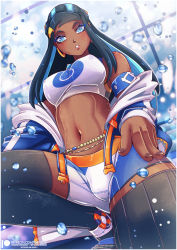 Rule 34 | 1girl, absurdres, alternate breast size, aqua eyes, aqua hair, arm at side, belly chain, bikini, black hair, breasts, covered erect nipples, creatures (company), dark-skinned female, dark skin, dutch angle, earrings, eyelashes, fingernails, foreshortening, from below, game freak, gensox, hair ornament, hairclip, highres, hoop earrings, jacket, jewelry, large breasts, lips, long hair, long sleeves, looking at viewer, multicolored hair, navel, nessa (pokemon), nintendo, off shoulder, on one knee, open clothes, open jacket, paid reward available, parted lips, pokemon, pokemon swsh, solo, stomach, swimsuit, tankini, thighhighs, two-tone hair, water, water drop