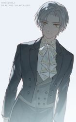 Rule 34 | 1boy, artist name, black jacket, black pants, blood, blood on face, closed mouth, formal, grey background, grey vest, highres, jacket, koeda (k83 4), long sleeves, looking at viewer, neckerchief, pants, short hair, simple background, smile, solo, tears of themis, vest, vyn richter (tears of themis), white hair, white neckerchief, yellow eyes