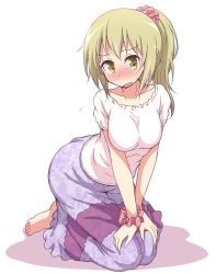 Rule 34 | 1girl, alternate costume, alternate hairstyle, barefoot, blonde hair, blush, breasts, breasts squeezed together, collarbone, commentary request, embarrassed, flying sweatdrops, full-face blush, hair ornament, hair scrunchie, hands on own knees, ichii yui, leaning forward, long hair, long skirt, looking at viewer, medium breasts, mel (melty pot), open mouth, ponytail, purple skirt, scrunchie, seiza, shadow, shirt, short sleeves, sidelocks, simple background, sitting, skirt, solo, sweat, white background, white shirt, wrist scrunchie, yellow eyes, yuyushiki