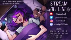 Rule 34 | 1girl, animal ears, black hair, cat ears, cat girl, cellphone, collarbone, commission, drooling, closed eyes, facing viewer, fang, gradient hair, long hair, lying, multicolored hair, on back, open mouth, original, phone, pon fresh, purple hair, saliva, sleeping, smartphone, smile, solo