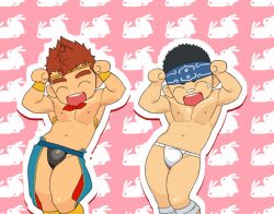 Rule 34 | 2boys, :d, ainu, animated, animated gif, bandaged leg, bandages, bandaid, bandaid on face, bandaid on nose, bara, black hair, black male swimwear, black swim briefs, bouncing bulge, bouncing pecs, bulge, caramelldansen, chinese zodiac, facial hair, feet out of frame, fundoshi, gyee, headband, itto (mentaiko), japanese clothes, kamui (gyee), kong (gyee), large pectorals, long sideburns, male focus, male swimwear, multiple boys, muscular, muscular male, navel, nipples, open mouth, orange hair, parody, pectorals, rabbit background, red hair, short hair, sideburns, smile, spiked hair, stomach, stubble, swim briefs, swimsuit, thick eyebrows, thighs, topless male, white male swimwear, white swim briefs, year of the rabbit