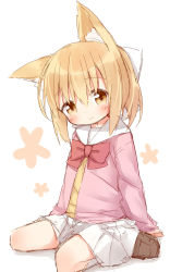 Rule 34 | 1girl, animal ear fluff, animal ears, arm support, ayanepuna, blush, borrowed character, bow, brown eyes, brown footwear, brown shirt, closed mouth, commentary request, floral background, hair between eyes, hair bow, highres, jacket, kneehighs, light brown hair, loafers, long sleeves, miike-chan, open clothes, open jacket, original, pink jacket, pleated skirt, red bow, sailor collar, shadow, shirt, shoes, sitting, sketch, skirt, sleeves past wrists, smile, socks, solo, wariza, white background, white bow, white sailor collar, white skirt, white socks
