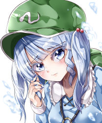 Rule 34 | absurdres, backpack, bag, blue eyes, blue hair, blue nails, blunt bangs, blush, breasts, closed mouth, commentary request, flat cap, frilled shirt collar, frills, green bag, green hat, hand in own hair, hat, head tilt, highres, kawashiro nitori, key, looking at viewer, mahoro (minase mahoro), medium hair, nail polish, simple background, small breasts, touhou, upper body, white background