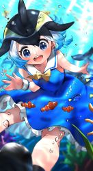 Rule 34 | 1girl, absurdres, bare shoulders, black hair, blonde hair, blowhole, blue dress, blue eyes, blue hair, blush, bow, bowtie, bubble, cetacean tail, clownfish, common dolphin (kemono friends), dolphin girl, dorsal fin, dress, fins, fish, fish tail, frilled dress, frills, hakoneko (marisa19899200), highres, kemono friends, multicolored hair, open mouth, sailor dress, short hair, sleeveless, smile, solo, surgeonfish, swimming, tail, tropical fish, underwater, white hair, yellow bow, yellow bowtie