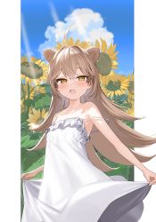 Rule 34 | 1girl, :d, ahoge, animal ears, blue sky, blush, brown hair, cloud, commentary request, dress, field, flower, flower field, highres, indie virtual youtuber, kanzarin, lion ears, long hair, looking at viewer, open mouth, rurudo lion, rurudo lion (1st costume), sky, smile, solo, strap slip, sundress, sunflower, sunflower field, virtual youtuber, white dress, yellow eyes, yellow flower