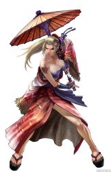 Rule 34 | 1girl, bad feet, bare shoulders, blonde hair, breasts, cleavage, concealed weapon, feet, highres, japanese clothes, kawano takuji, kimono, large breasts, legs, long legs, official art, oil-paper umbrella, ponytail, sandals, setsuka, sheath, solo, soul calibur, soulcalibur, soulcalibur iv, sword, thighs, umbrella, unsheathing, watermark, weapon