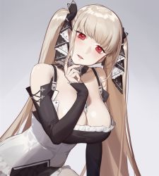 Rule 34 | 1girl, azur lane, bare shoulders, between breasts, black dress, black ribbon, breasts, cleavage, detached collar, detached sleeves, dress, formidable (azur lane), grey background, hair ribbon, hand on own chin, hand up, large breasts, long hair, looking at viewer, parted lips, red cucumber, red eyes, ribbon, simple background, solo, twintails, two-tone dress, two-tone ribbon, very long hair, white dress, white ribbon
