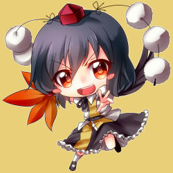 Rule 34 | 1girl, :d, black hair, blush stickers, chibi, female focus, hat, holding, kimagure ringo, open mouth, outstretched arm, shameimaru aya, short hair, simple background, smile, solo, tokin hat, touhou, yellow background