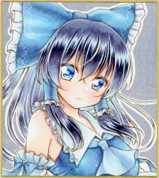 Rule 34 | 1girl, alternate color, bare shoulders, black hair, blue bow, blue eyes, blue neckerchief, blue shirt, bow, commentary request, detached sleeves, graphite (medium), hair between eyes, hair bow, hair tubes, hakurei reimu, highres, long hair, looking at viewer, marker (medium), neckerchief, nekofish666, nontraditional miko, portrait, shirt, sidelocks, solo, touhou, traditional media