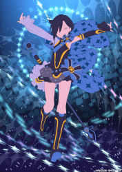 Rule 34 | 1other, ame no sei, ame no sei youtube channel, androgynous, arms up, asymmetrical bangs, asymmetrical hair, asymmetrical sleeves, black hair, blue eyes, boots, bow, crown, flat chest, frilled skirt, frills, hair behind ear, highres, kuroboshi kouhaku, microphone, open mouth, skirt, smile, star (symbol), virtual youtuber