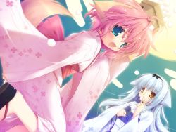 Rule 34 | 2girls, ahoge, animal ears, aqua eyes, blue hair, dog ears, dog tail, eating, fang, food, from side, game cg, hair ribbon, headband, japanese clothes, kimono, lily (wanko), lily (wanko to lily), long hair, mochi, multiple girls, object on head, open mouth, pink hair, ribbon, riri (wanko to lily), sandals, smile, tail, wagashi, wanko, wanko (wanko to lily), wanko to lily, yellow eyes