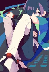 1boy blue_hair blue_kimono covered_mouth creatures_(company) falkner_(pokemon) game_freak grey_background hair_over_one_eye highres holding holding_poke_ball japanese_clothes kimono knees_up looking_at_viewer male_focus nagatsukiariake nintendo pantyhose poke_ball poke_ball_(basic) pokemon pokemon_hgss short_hair short_sleeves sitting solo white_pantyhose