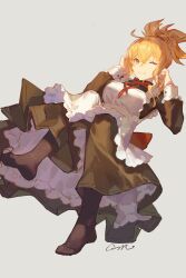 Rule 34 | 1girl, absurdres, alternate costume, apron, black dress, black pantyhose, blonde hair, dress, enmaided, frilled apron, frills, full body, genshin impact, grey background, grin, hands up, highres, long hair, long sleeves, looking at viewer, maid, maid apron, no shoes, one eye closed, pantyhose, petticoat, ponytail, red ribbon, ribbon, rui (gsr1982), signature, simple background, smile, solo, white apron, yellow eyes, yoimiya (genshin impact)