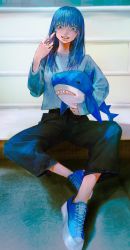 Rule 34 | 1girl, blue eyes, blue hair, female focus, highres, long hair, looking at viewer, middle finger, nail polish, original, pants, parted lips, shoes, sitting, solo, stuffed animal, stuffed shark, stuffed toy, teeth, tobuwo