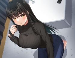 Rule 34 | 1girl, barefoot, black hair, black sweater, blue pants, blush, breasts, closed mouth, commentary request, controller, cup, denim, drinking glass, hair between eyes, hand up, indoors, jeans, komori kuzuyu, large breasts, long hair, long sleeves, looking at viewer, original, pants, remote control, ribbed sweater, seiza, sitting, sleeves past wrists, solo, sweater, table, turtleneck, turtleneck sweater, very long hair, yellow eyes