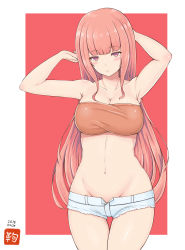 Rule 34 | 1girl, armpits, arms up, breasts, collarbone, commentary, cutoffs, highres, large breasts, long hair, navel, original, pink eyes, pink hair, short shorts, shorts, solo, temari rin, unbuttoned, white shorts