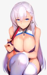 Rule 34 | 1girl, alternate costume, arm under breasts, azur lane, bare shoulders, belfast (azur lane), belfast (iridescent rosa) (azur lane), belfast (iridescent rosa) (azur lane), blue eyes, blush, braid, breasts, chair, china dress, chinese clothes, choker, cleavage, cleavage cutout, closed mouth, clothing cutout, collarbone, dress, earrings, folded fan, folding fan, grey background, hair between eyes, hand fan, highres, holding, holding fan, jewelry, kameponde, large breasts, long hair, looking at viewer, shiny skin, sidelocks, silver hair, simple background, smile, solo, squatting, thighhighs, white thighhighs