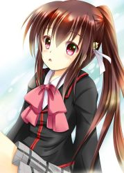 Rule 34 | 1girl, bad id, bad pixiv id, bow, brown hair, iris yayoi, little busters!, long hair, natsume rin, pink bow, plaid, plaid skirt, ponytail, red eyes, school uniform, skirt