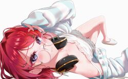 Rule 34 | 1girl, absurdres, ange katrina, ange katrina (6th costume), blue eyes, camisole, crossed legs, hair intakes, hair ornament, hairclip, hand in own hair, headphones, headphones around neck, highres, jacket, looking at viewer, lying, mokkou-you, nijisanji, off shoulder, on back, red hair, round eyewear, short hair, shorts, sleeves past wrists, slippers, solo, virtual youtuber, white background