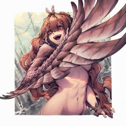 Rule 34 | 1girl, abs, absurdres, ahoge, breasts, brown eyes, brown hair, cityscape, cloud, cloudy sky, commentary, english commentary, feathered wings, female focus, gloves, glowing, glowing eyes, highres, hoipus, hololive, hololive english, lightning, looking at viewer, medium breasts, monsterification, muscular, muscular female, nanashi mumei, nude, out-of-frame censoring, owl wings, partially fingerless gloves, signature, sky, solo, underboob, virtual youtuber, winged arms, wings