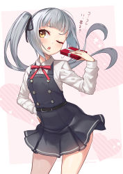 Rule 34 | 1girl, ;o, absurdres, belt, black dress, black ribbon, blush, box, collared shirt, commentary request, contrapposto, cowboy shot, dress, gift, gift box, hair ribbon, hand on own hip, heart, heart background, highres, holding, holding gift, kantai collection, kasumi (kancolle), long hair, long sleeves, looking at viewer, neck ribbon, nueco, one eye closed, open mouth, pinafore dress, pink background, red ribbon, ribbon, shirt, side ponytail, silver hair, sleeveless dress, solo, star (symbol), sweat, translation request, twitter username, v-shaped eyebrows, valentine, white shirt, yellow eyes