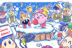 Rule 34 | 3girls, beanie, bell, bell kirby, blonde hair, blue gloves, blue hair, boom microphone, coat, commentary request, copy ability, earmuffs, flamberge (kirby), francisca (kirby), gloves, hands in pockets, hat, hyness, kirby, kirby (series), mittens, multiple girls, musical note, nintendo, notepad, official art, rayman limbs, red hair, ringle, scarf, video camera, waddle dee, winter clothes, winter coat, zan partizanne