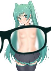 Rule 34 | 00s, 1girl, arms behind back, black skirt, black thighhighs, blur censor, blurry, breasts, censored, closed mouth, cowboy shot, furuyama itaru, glasses, green eyes, green hair, hatsune miku, long hair, looking at viewer, matching hair/eyes, nipples, pleated skirt, sidelocks, simple background, skirt, small breasts, solo, standing, thighhighs, twintails, very long hair, vocaloid, white background, x-ray, x-ray glasses, x-ray vision