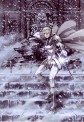 Rule 34 | 00s, 1girl, absurdres, armor, blonde hair, cape, claymore (series), claymore (sword), grey eyes, highres, jean, official art, pantyhose, scan, snow, solo, sword, weapon